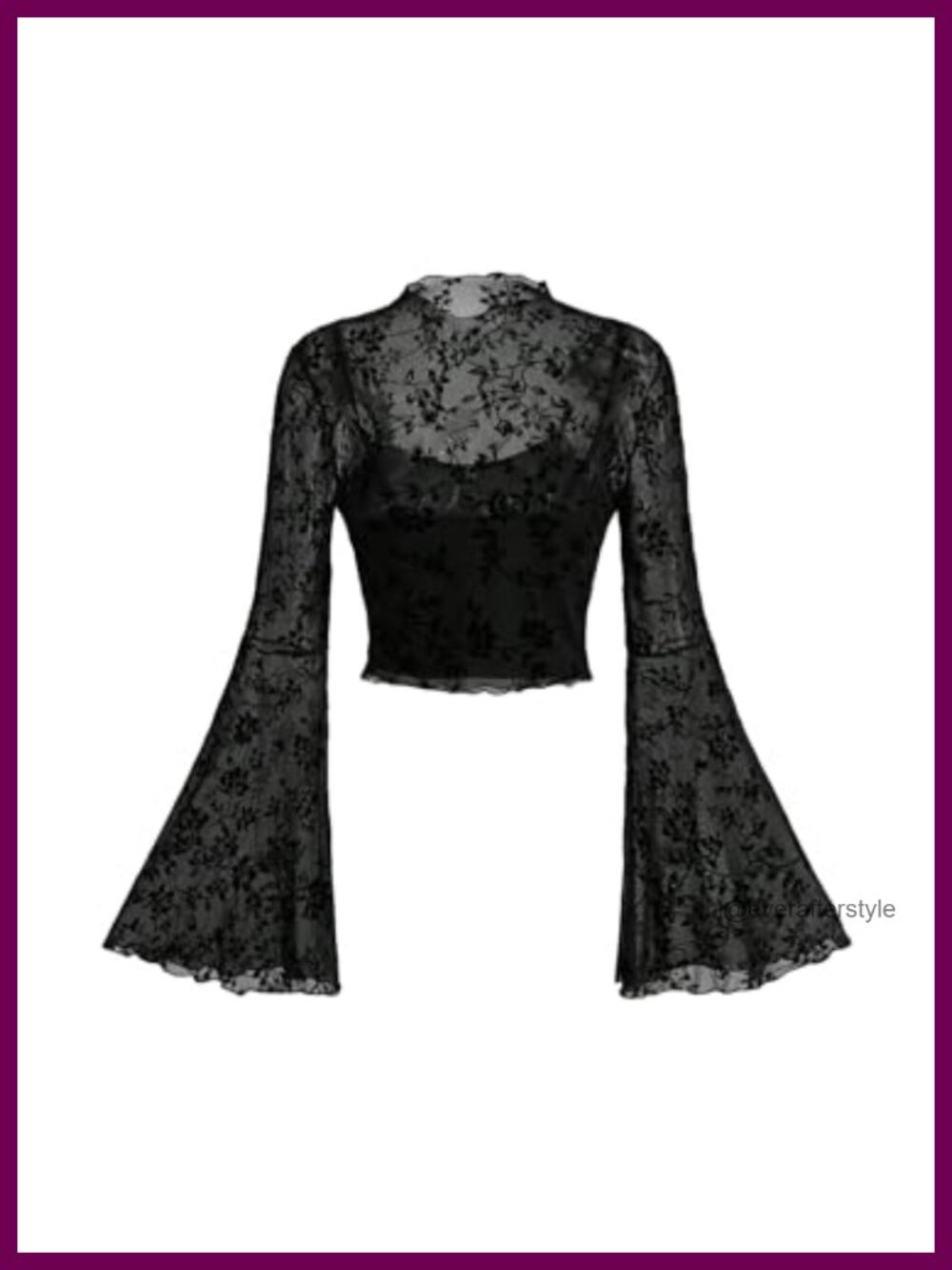 Gothic Mesh Bell Sleeve Crop Top Floral Print Stand Collar Slim Fit